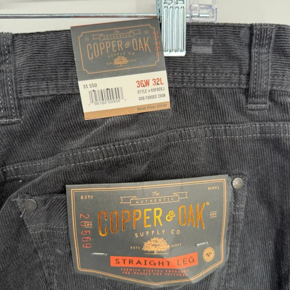 Copper & Oak Corduroy Pant Men 36 x 32 Charcoal Straight Leg Classic Traditional